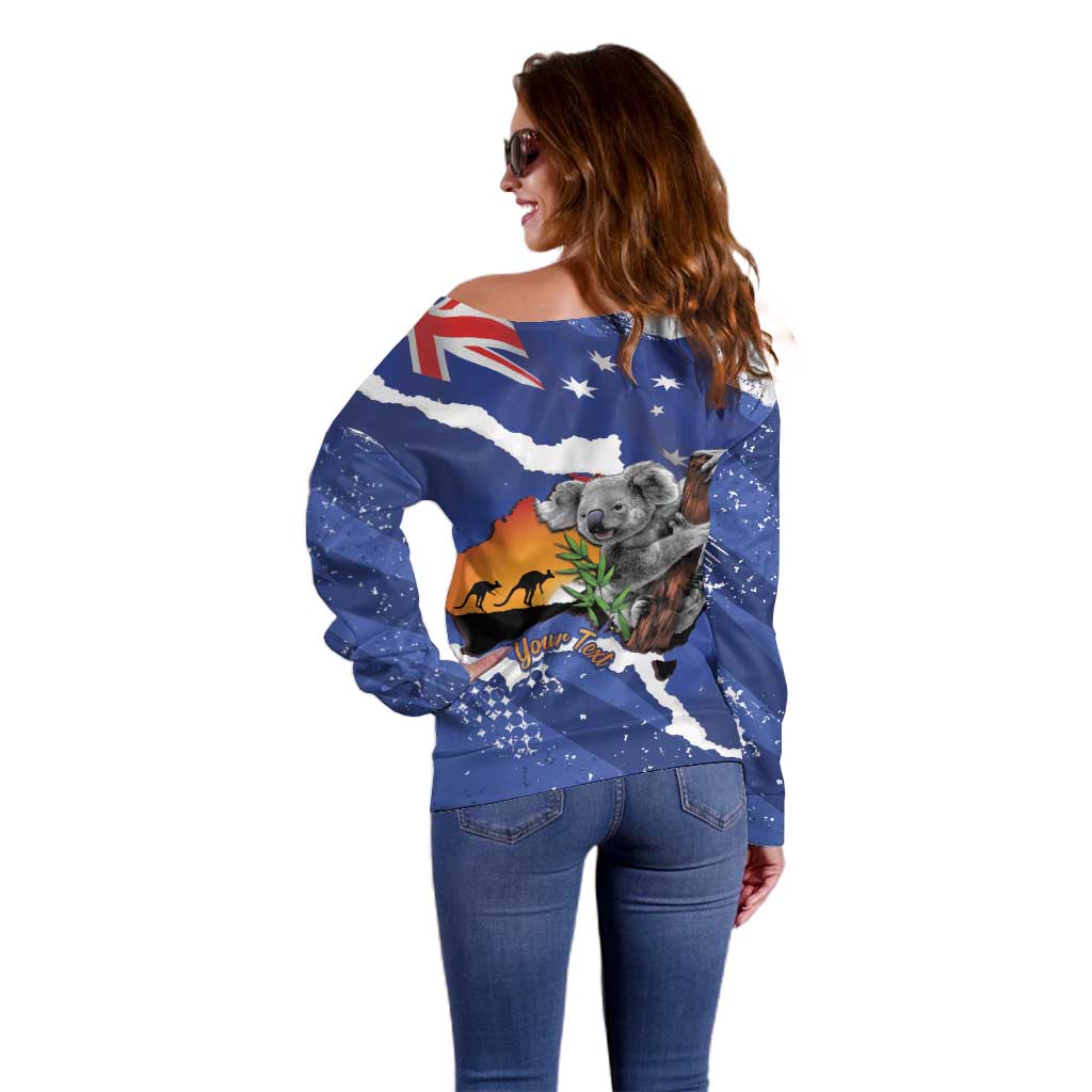 Koala Australia Personalised Off Shoulder Sweater Aussie Map Flag Color Grunge Pattern