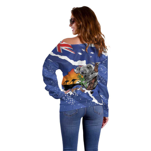 Koala Australia Personalised Off Shoulder Sweater Aussie Map Flag Color Grunge Pattern