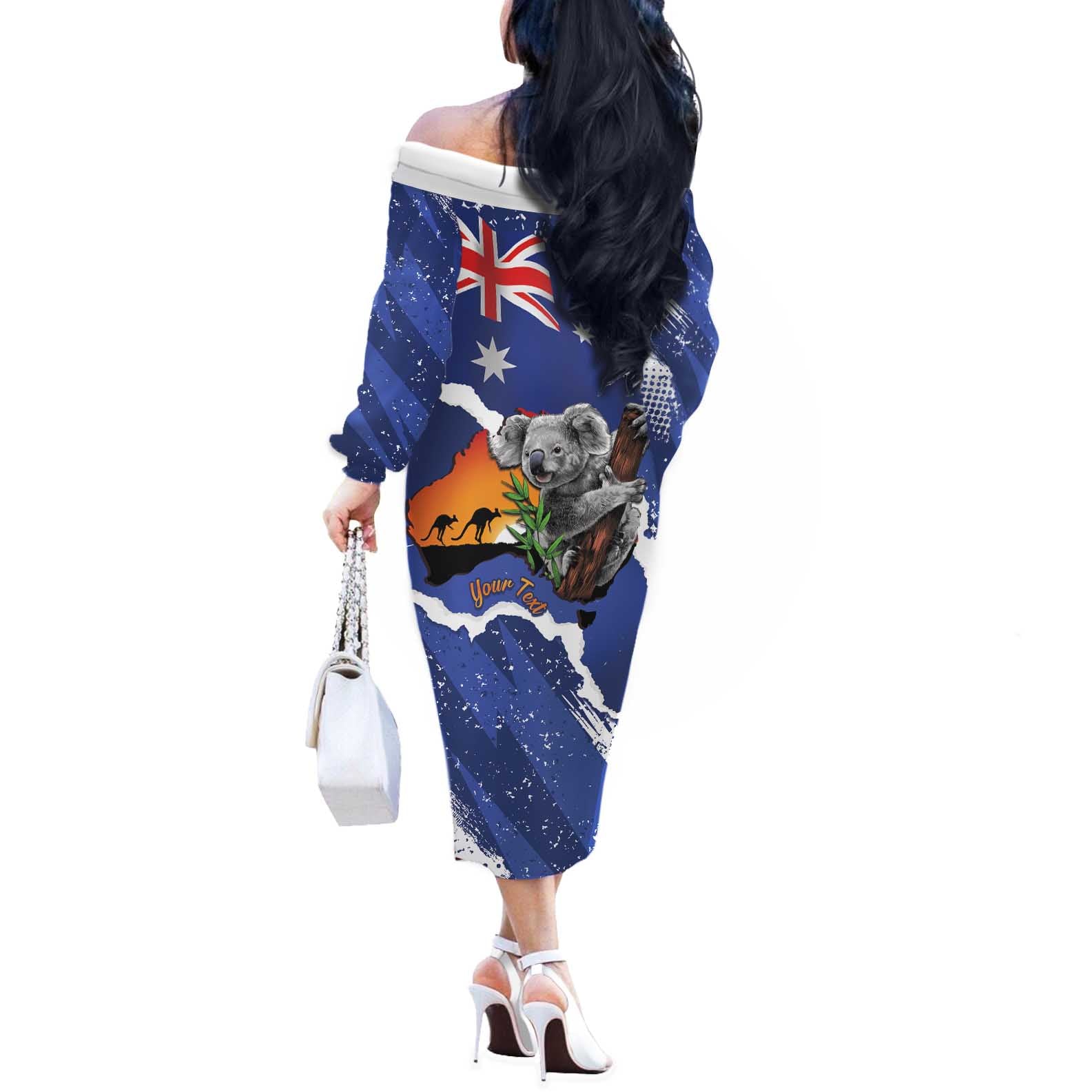 Koala Australia Personalised Off The Shoulder Long Sleeve Dress Aussie Map Flag Color Grunge Pattern