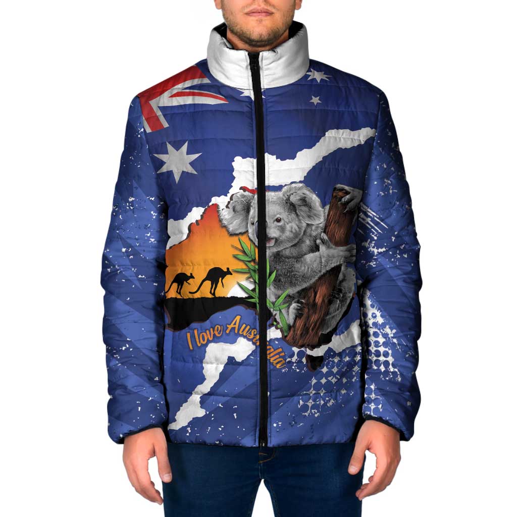 Koala Australia Personalised Padded Jacket Aussie Map Flag Color Grunge Pattern