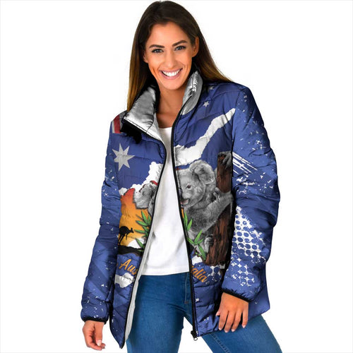 Koala Australia Personalised Padded Jacket Aussie Map Flag Color Grunge Pattern