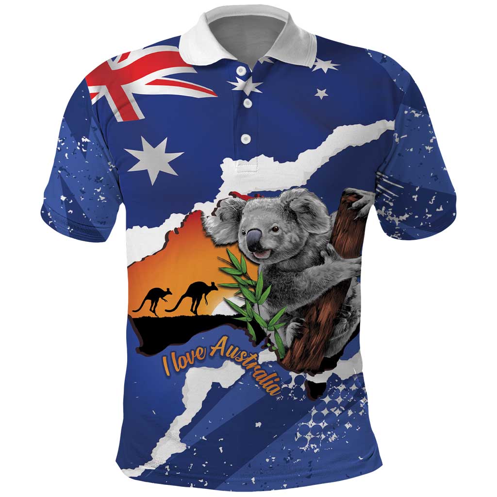 Koala Australia Personalised Polo Shirt Aussie Map Flag Color Grunge Pattern
