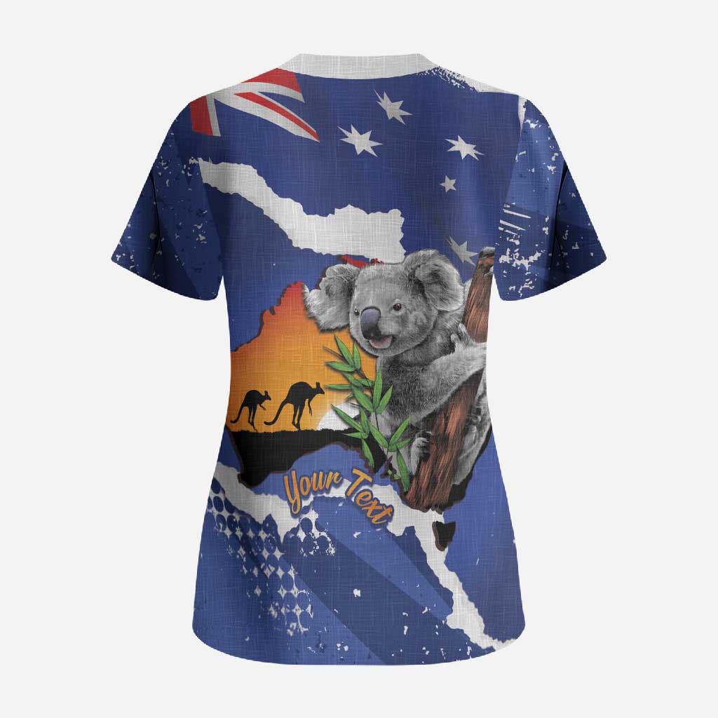 Koala Australia Personalised Scrub Top Aussie Map Flag Color Grunge Pattern