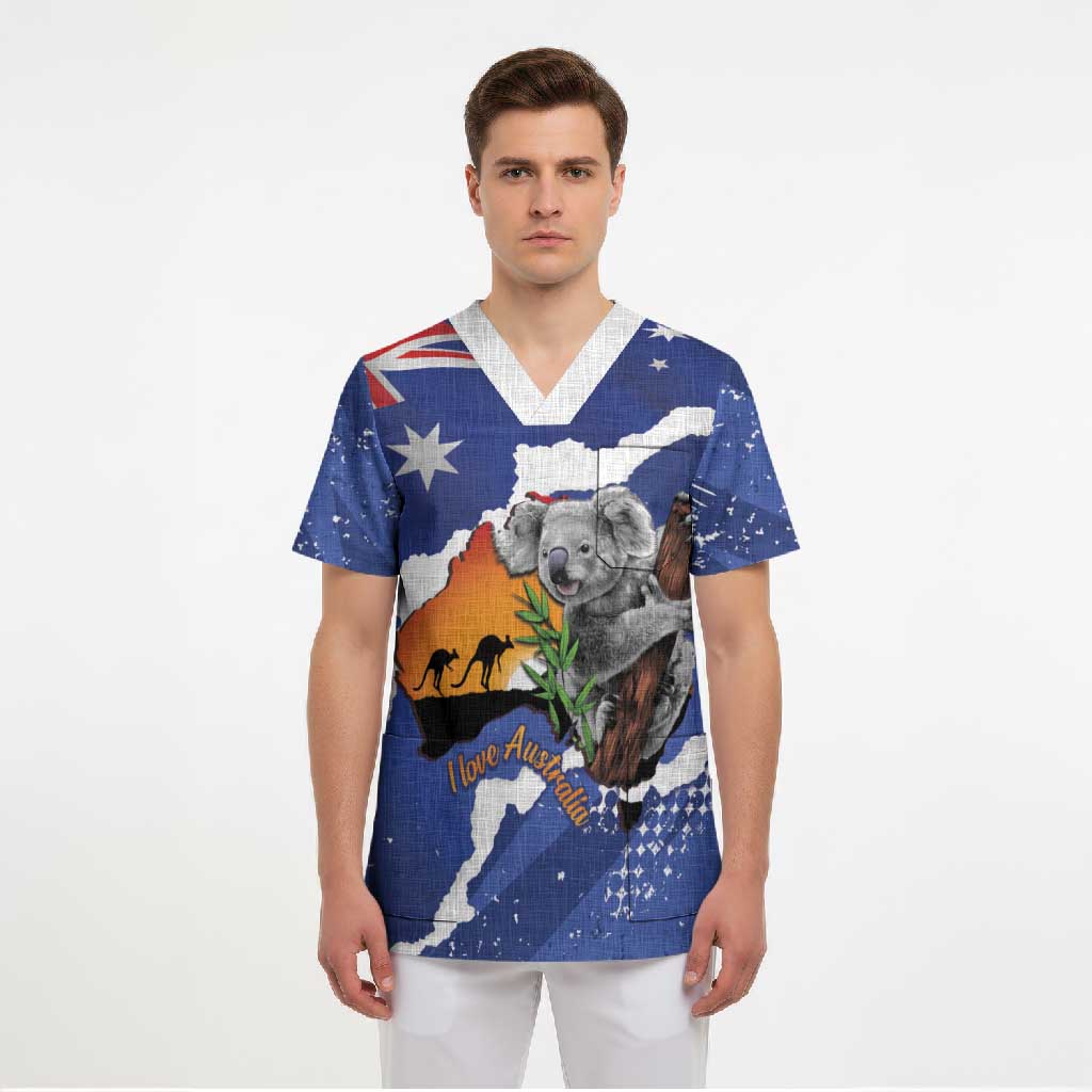 Koala Australia Personalised Scrub Top Aussie Map Flag Color Grunge Pattern