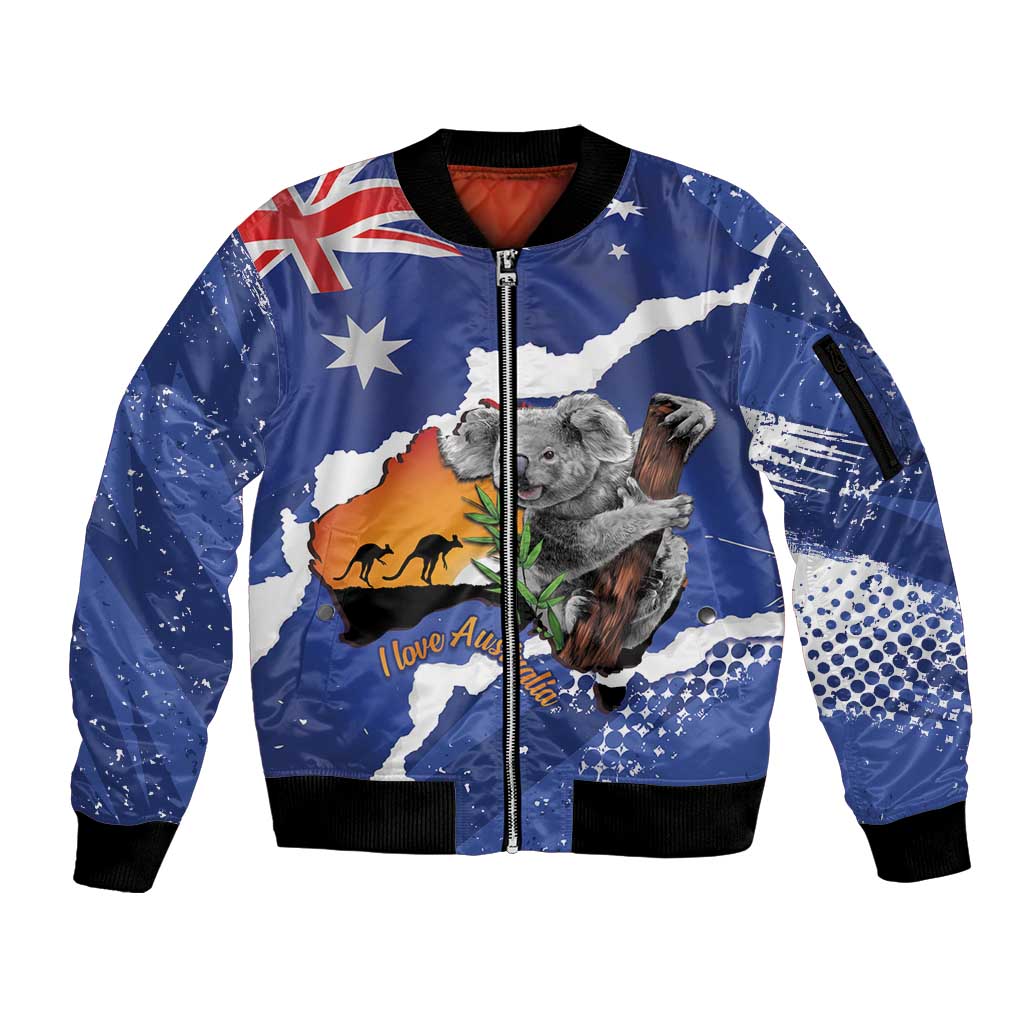 Koala Australia Personalised Sleeve Zip Bomber Jacket Aussie Map Flag Color Grunge Pattern