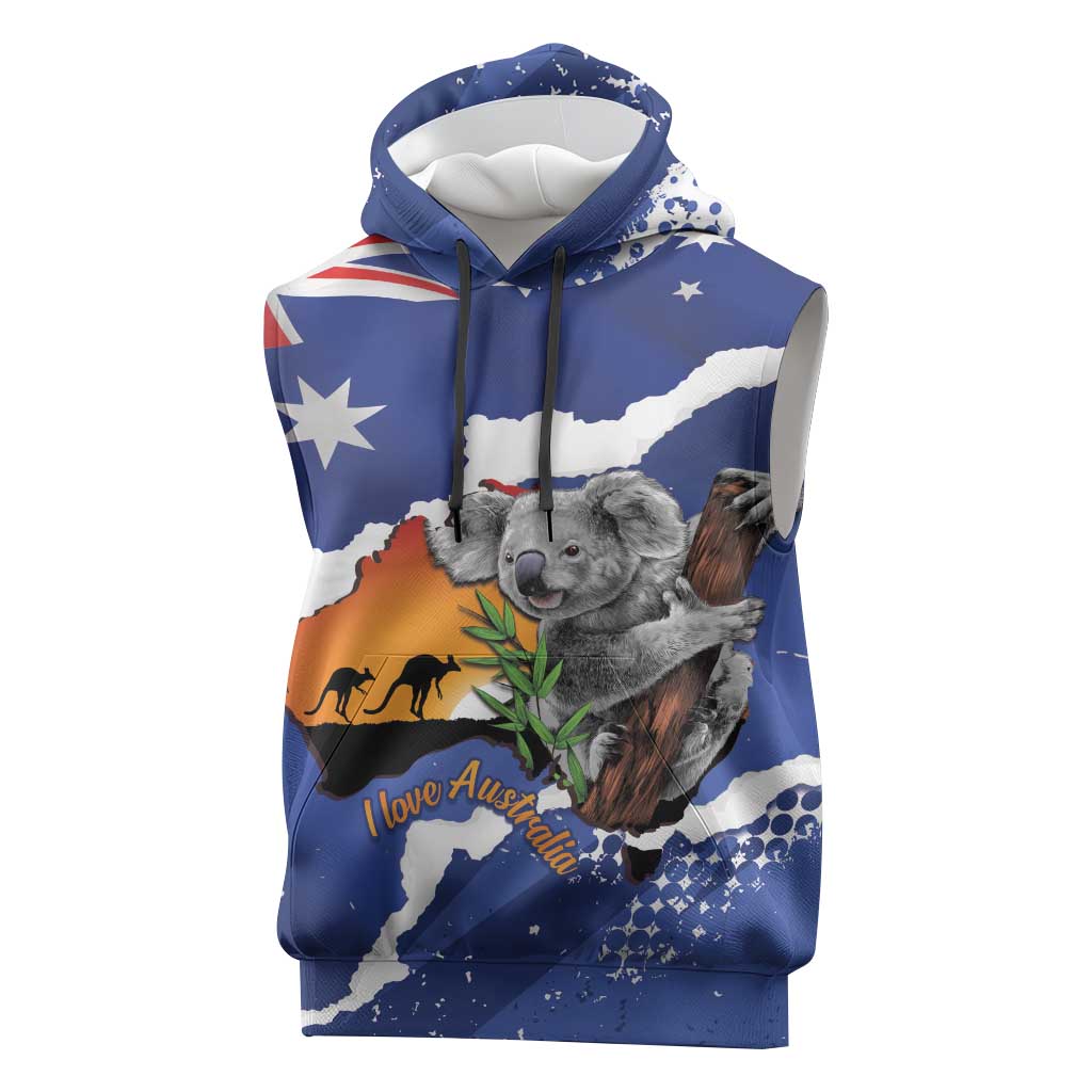 Koala Australia Personalised Sleeveless Hoodie Aussie Map Flag Color Grunge Pattern