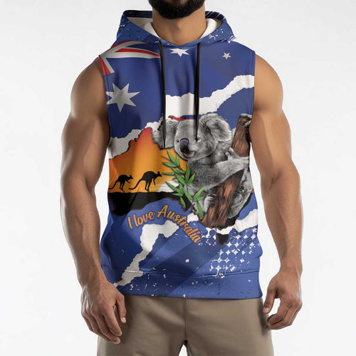 Koala Australia Personalised Sleeveless Hoodie Aussie Map Flag Color Grunge Pattern