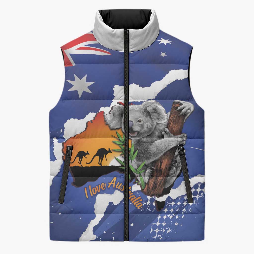 Koala Australia Personalised Sleeveless Puffer Jacket Aussie Map Flag Color Grunge Pattern
