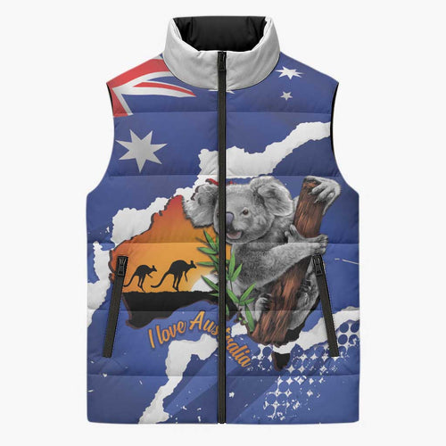 Koala Australia Personalised Sleeveless Puffer Jacket Aussie Map Flag Color Grunge Pattern