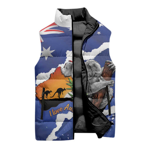 Koala Australia Personalised Sleeveless Puffer Jacket Aussie Map Flag Color Grunge Pattern