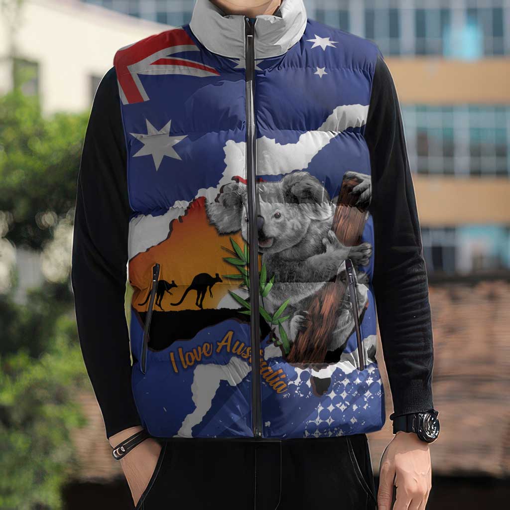 Koala Australia Personalised Sleeveless Puffer Jacket Aussie Map Flag Color Grunge Pattern