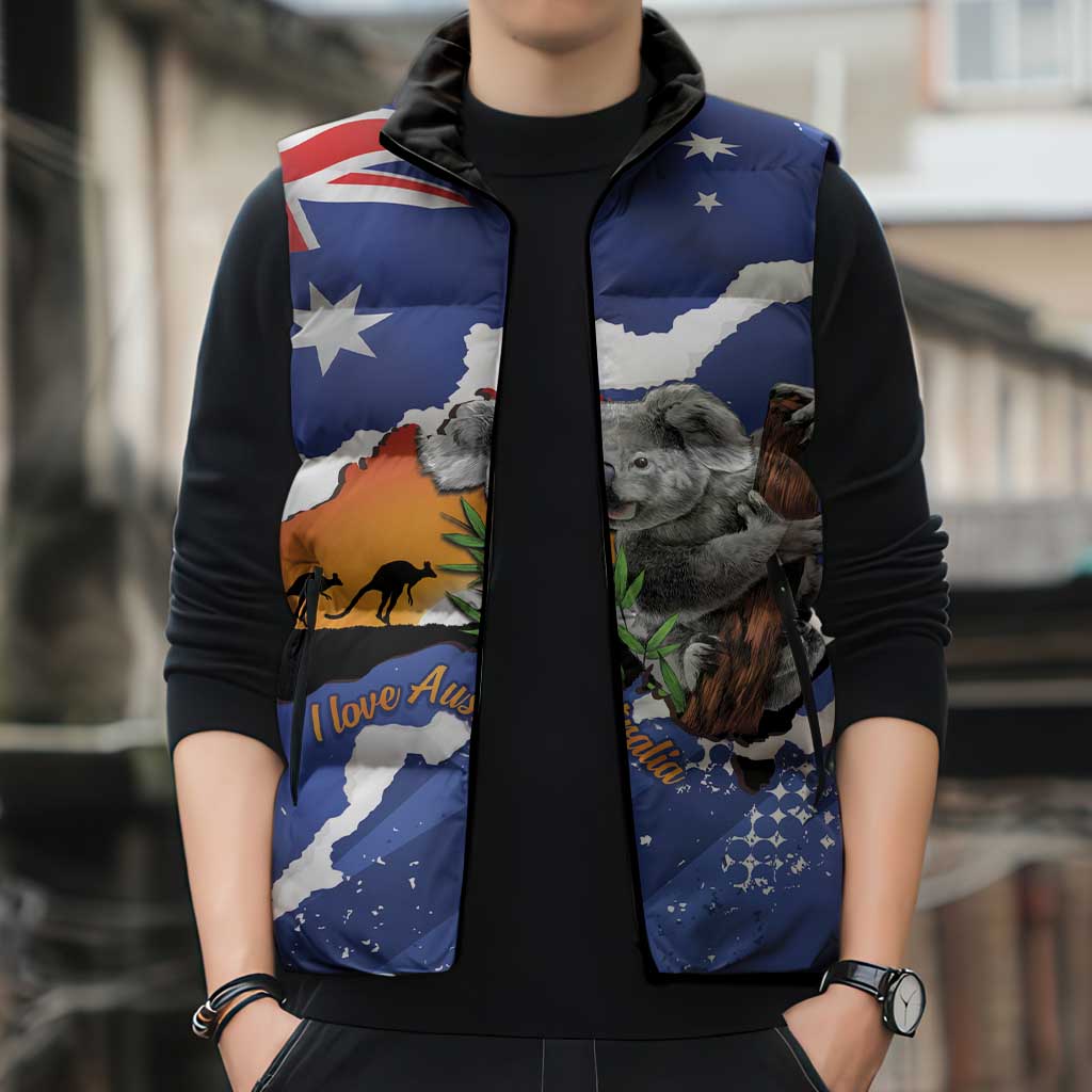 Koala Australia Personalised Sleeveless Puffer Jacket Aussie Map Flag Color Grunge Pattern