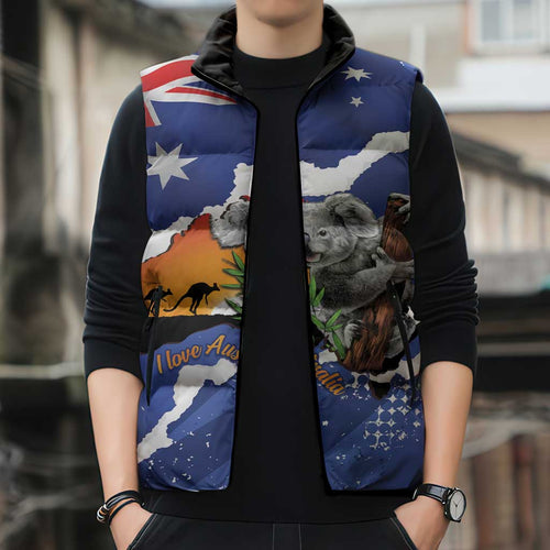 Koala Australia Personalised Sleeveless Puffer Jacket Aussie Map Flag Color Grunge Pattern