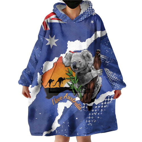 Koala Australia Personalised Wearable Blanket Hoodie Aussie Map Flag Color Grunge Pattern