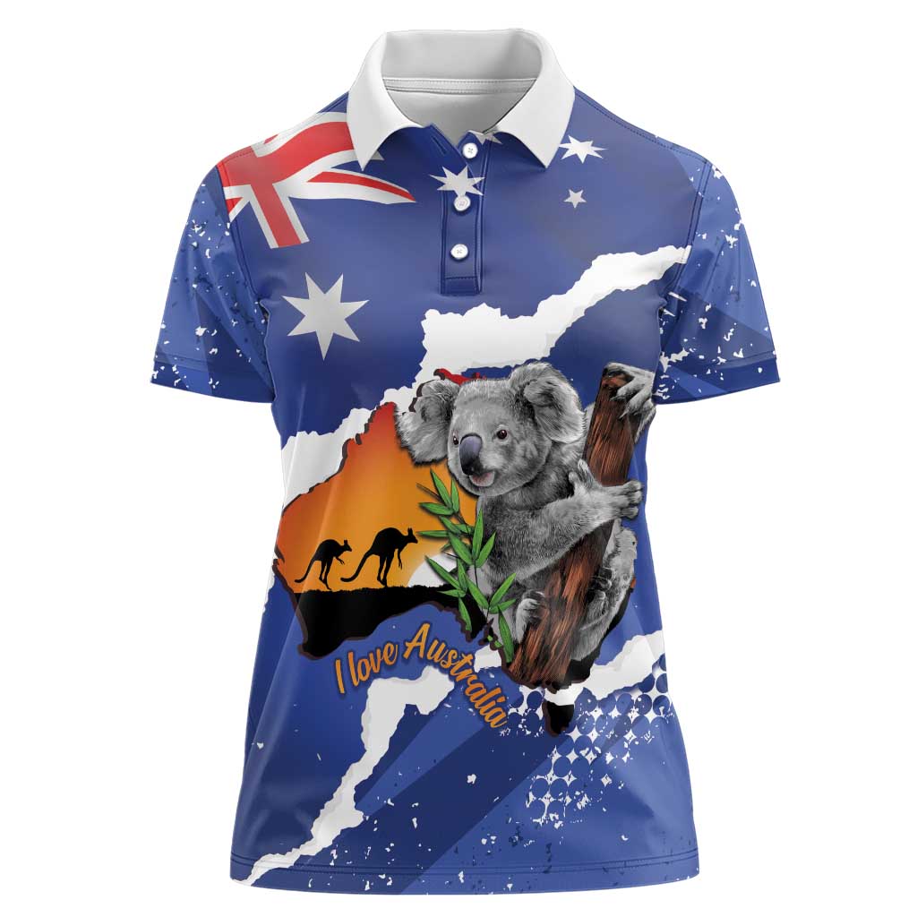 Koala Australia Personalised Women Polo Shirt Aussie Map Flag Color Grunge Pattern