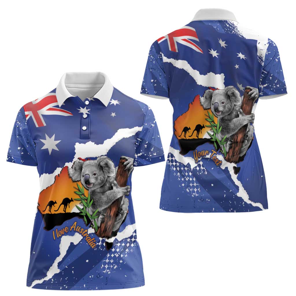 Koala Australia Personalised Women Polo Shirt Aussie Map Flag Color Grunge Pattern