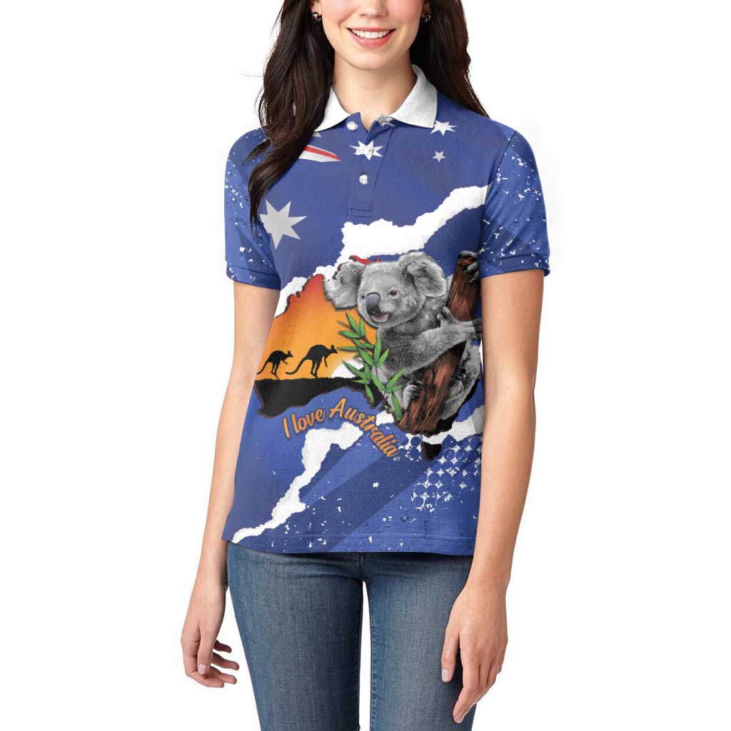 Koala Australia Personalised Women Polo Shirt Aussie Map Flag Color Grunge Pattern