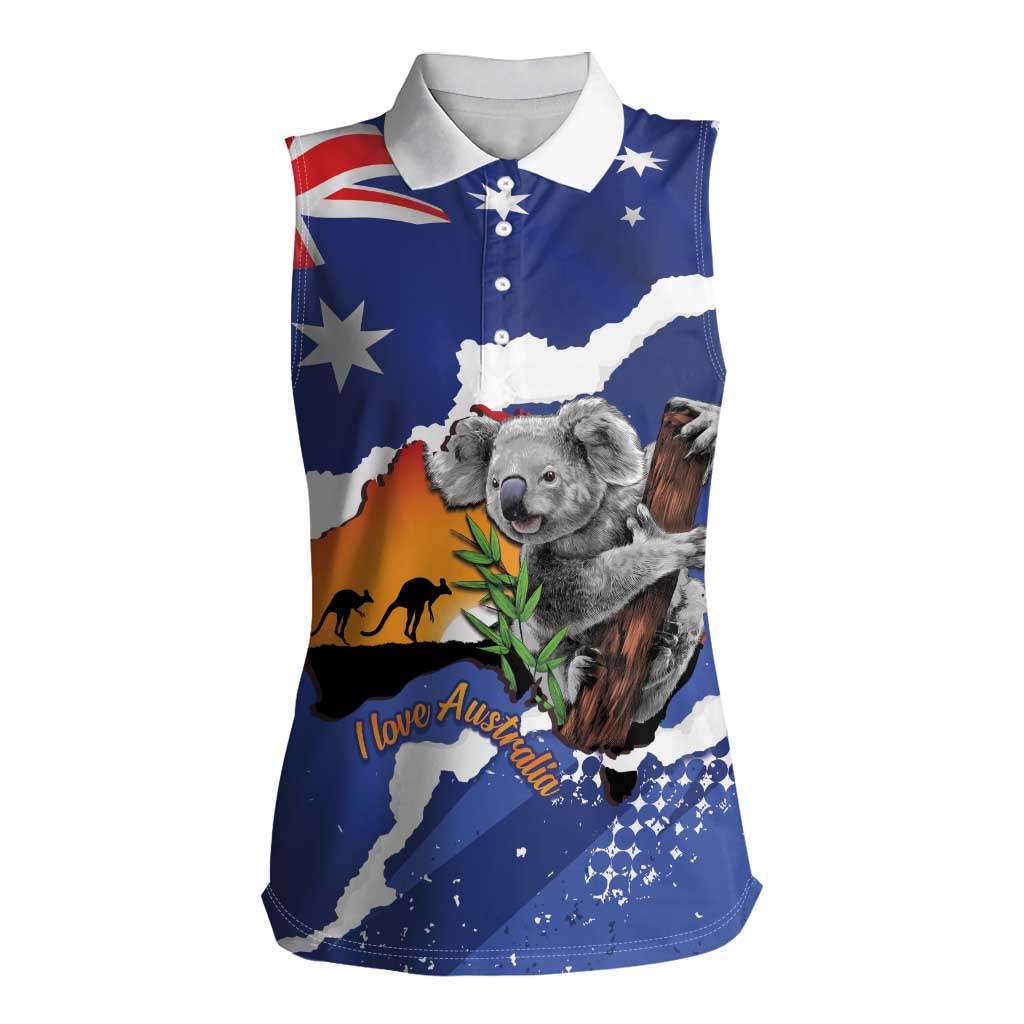 Koala Australia Personalised Women Sleeveless Polo Shirt Aussie Map Flag Color Grunge Pattern