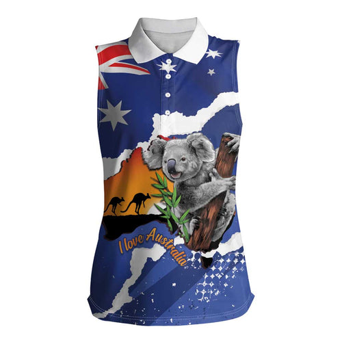 Koala Australia Personalised Women Sleeveless Polo Shirt Aussie Map Flag Color Grunge Pattern