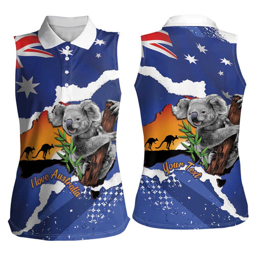 Koala Australia Personalised Women Sleeveless Polo Shirt Aussie Map Flag Color Grunge Pattern