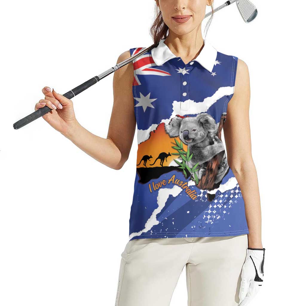 Koala Australia Personalised Women Sleeveless Polo Shirt Aussie Map Flag Color Grunge Pattern