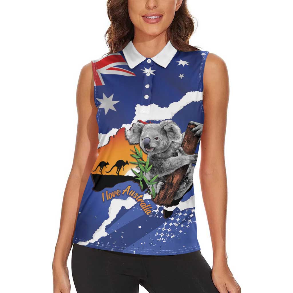 Koala Australia Personalised Women Sleeveless Polo Shirt Aussie Map Flag Color Grunge Pattern