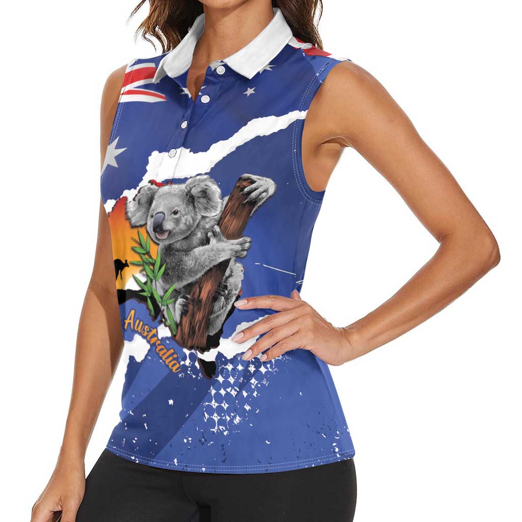 Koala Australia Personalised Women Sleeveless Polo Shirt Aussie Map Flag Color Grunge Pattern