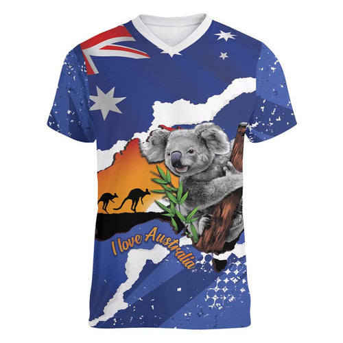 Koala Australia Personalised Women V-Neck T-Shirt Aussie Map Flag Color Grunge Pattern