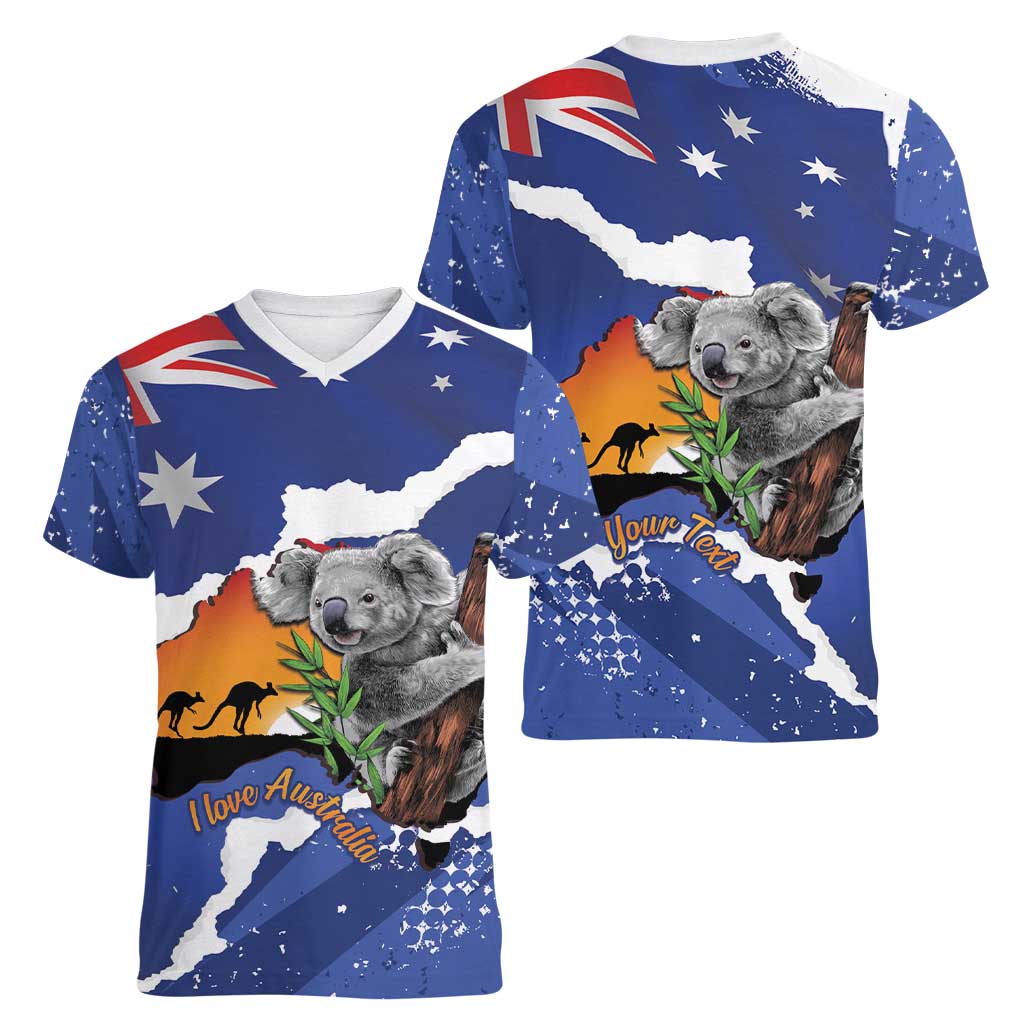 Koala Australia Personalised Women V-Neck T-Shirt Aussie Map Flag Color Grunge Pattern