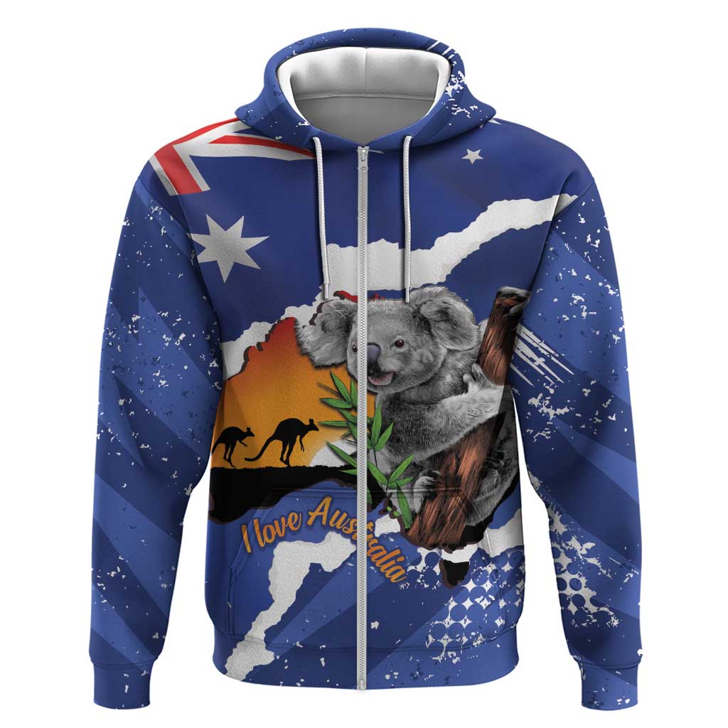 Koala Australia Personalised Zip Hoodie Aussie Map Flag Color Grunge Pattern