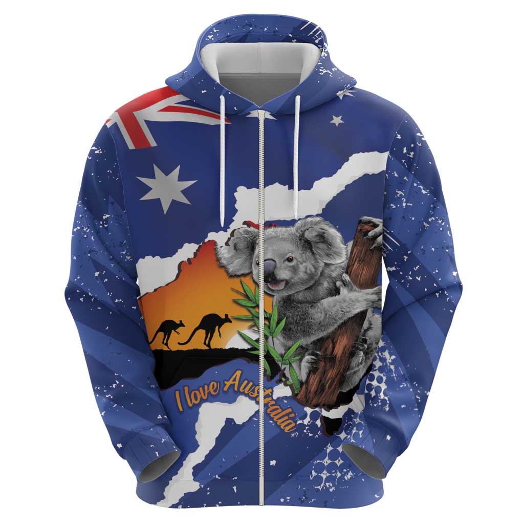 Koala Australia Personalised Zip Hoodie Aussie Map Flag Color Grunge Pattern