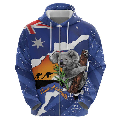 Koala Australia Personalised Zip Hoodie Aussie Map Flag Color Grunge Pattern