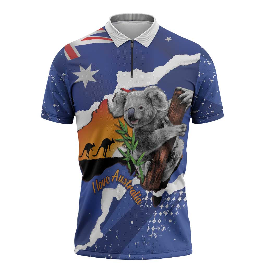 Koala Australia Personalised Zipper Polo Shirt Aussie Map Flag Color Grunge Pattern
