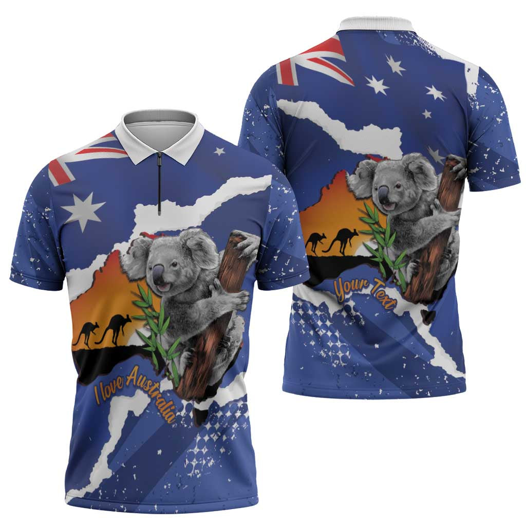 Koala Australia Personalised Zipper Polo Shirt Aussie Map Flag Color Grunge Pattern