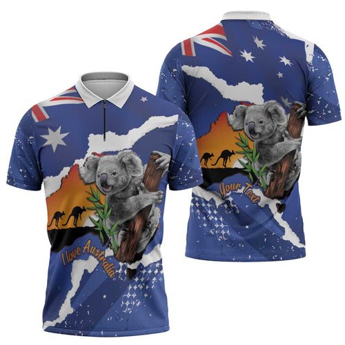 Koala Australia Personalised Zipper Polo Shirt Aussie Map Flag Color Grunge Pattern