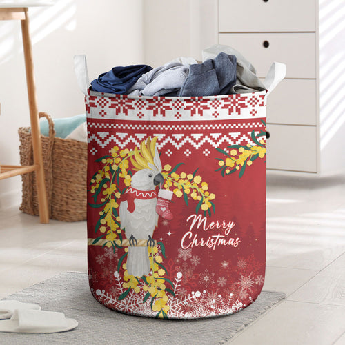 Australia Sulphur-crested Cockatoo Christmas Laundry Basket Aussie Golden Wattle Merry Xmas