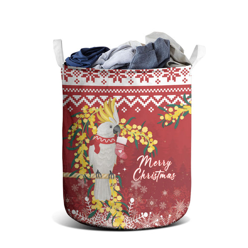 Australia Sulphur-crested Cockatoo Christmas Laundry Basket Aussie Golden Wattle Merry Xmas