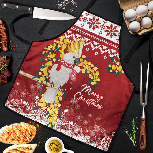 Australia Sulphur-crested Cockatoo Christmas Apron Aussie Golden Wattle Merry Xmas