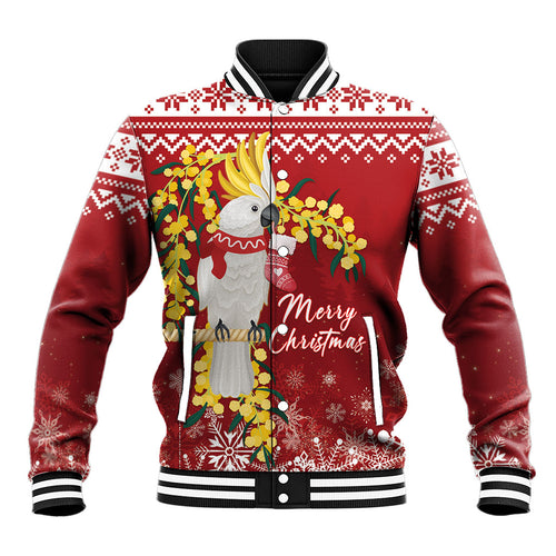 Australia Sulphur-crested Cockatoo Christmas Personalised Baseball Jacket Aussie Golden Wattle Merry Xmas