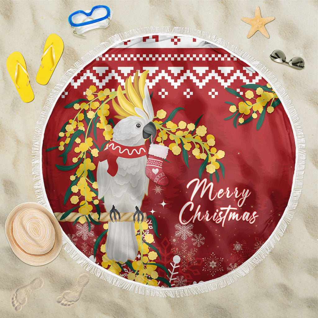 Australia Sulphur-crested Cockatoo Christmas Beach Blanket Aussie Golden Wattle Merry Xmas