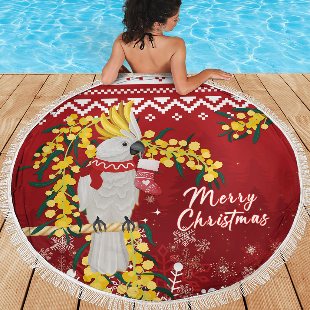 Australia Sulphur-crested Cockatoo Christmas Beach Blanket Aussie Golden Wattle Merry Xmas