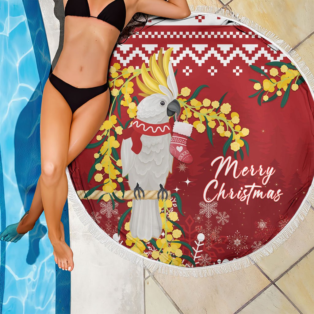 Australia Sulphur-crested Cockatoo Christmas Beach Blanket Aussie Golden Wattle Merry Xmas