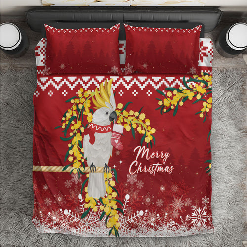 Australia Sulphur-crested Cockatoo Christmas Bedding Set Aussie Golden Wattle Merry Xmas