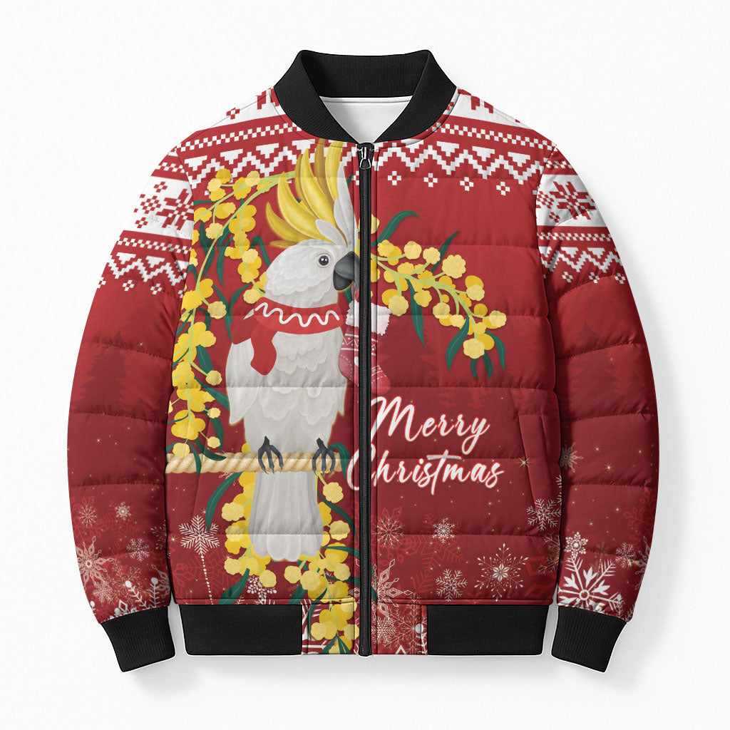 Australia Sulphur-crested Cockatoo Christmas Personalised Bomber Puffer Jacket Aussie Golden Wattle Merry Xmas