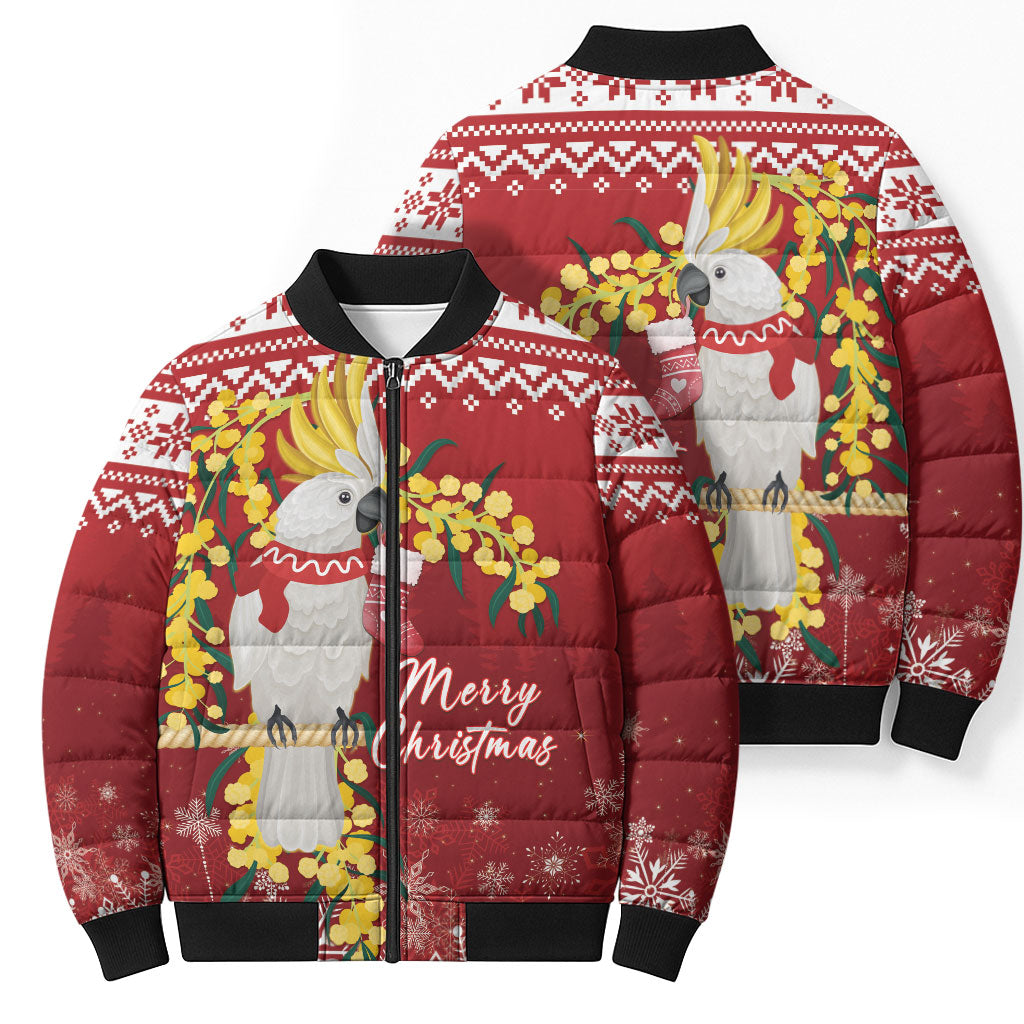 Australia Sulphur-crested Cockatoo Christmas Personalised Bomber Puffer Jacket Aussie Golden Wattle Merry Xmas