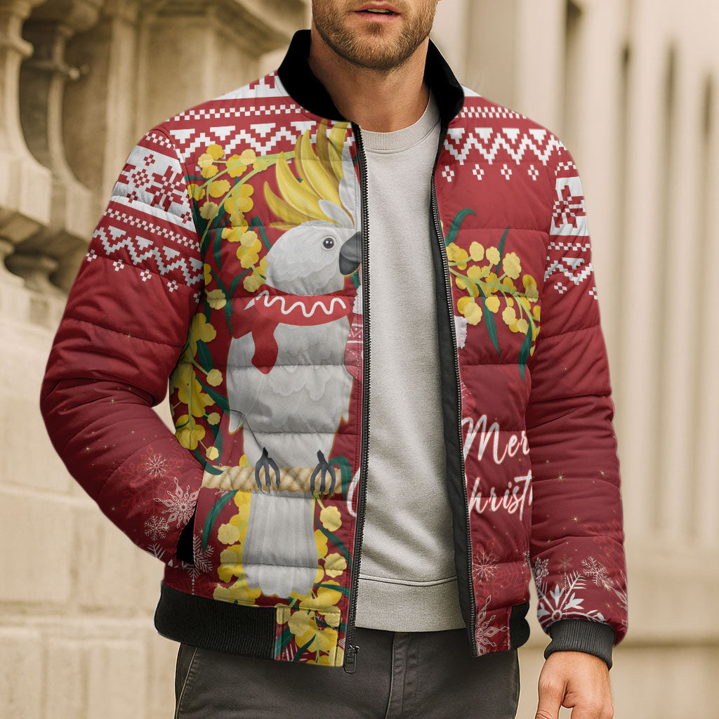 Australia Sulphur-crested Cockatoo Christmas Personalised Bomber Puffer Jacket Aussie Golden Wattle Merry Xmas