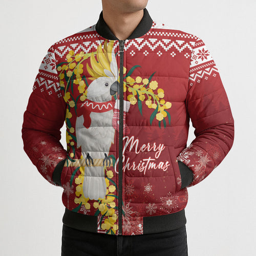 Australia Sulphur-crested Cockatoo Christmas Personalised Bomber Puffer Jacket Aussie Golden Wattle Merry Xmas