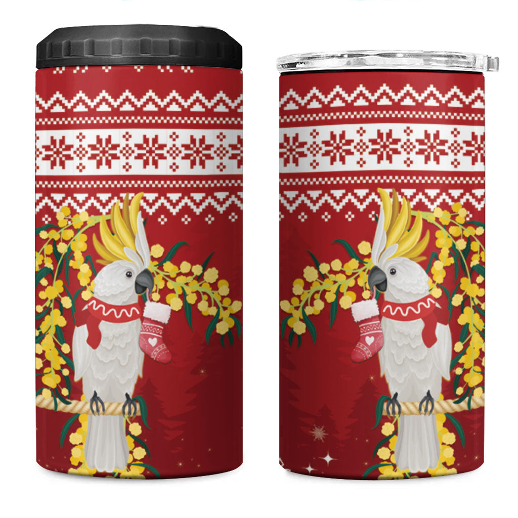 Australia Sulphur-crested Cockatoo Christmas 4 in 1 Can Cooler Tumbler Aussie Golden Wattle Merry Xmas