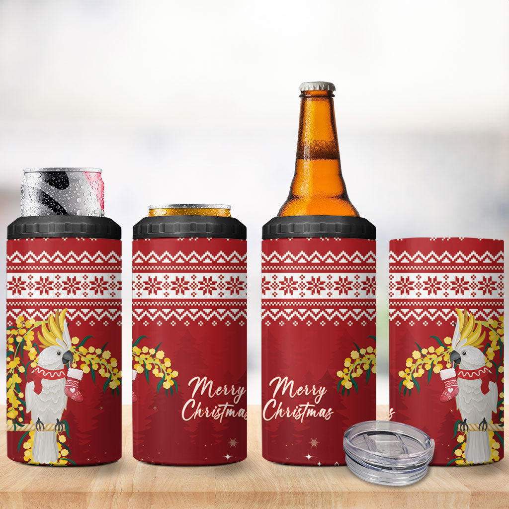 Australia Sulphur-crested Cockatoo Christmas 4 in 1 Can Cooler Tumbler Aussie Golden Wattle Merry Xmas