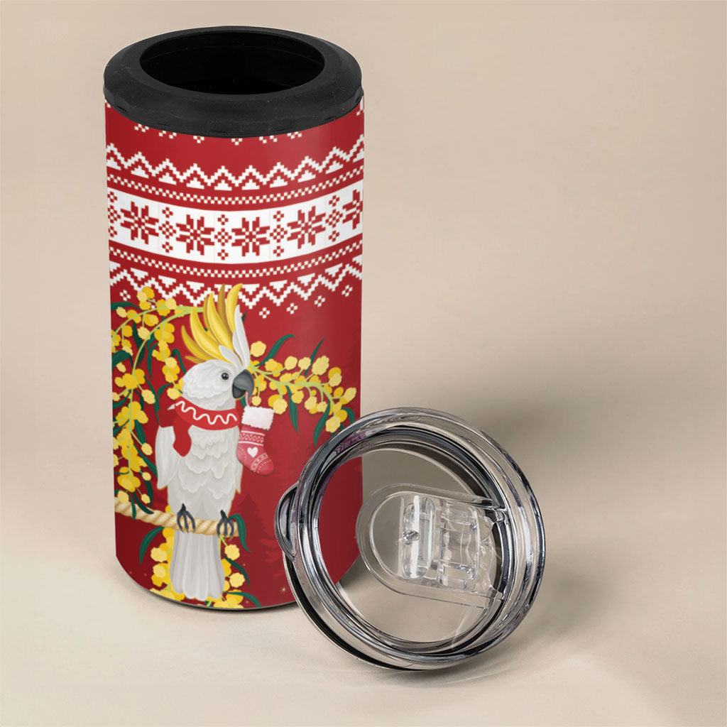 Australia Sulphur-crested Cockatoo Christmas 4 in 1 Can Cooler Tumbler Aussie Golden Wattle Merry Xmas